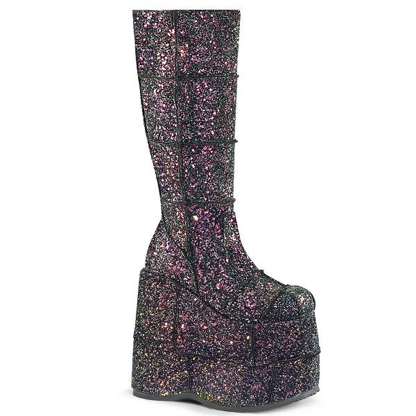 Demonia Women's Stack-301G Knee High Platform Boots - Black Multi Glitter D1892-56US Clearance